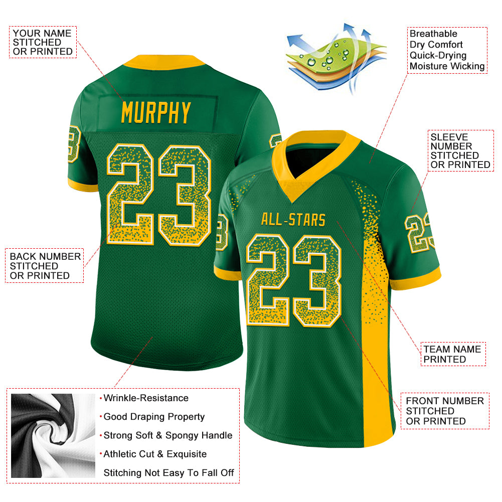 Personalized Kelly Green Gold-White Mesh Drift Fashion Football Jersey Team Custom Name and Number Custom Name and Number Kelly Green Football Jersey - Fashion Mesh Drift Team Jersey Gold-White Personalized Kelly Green Gold-White - Image 3