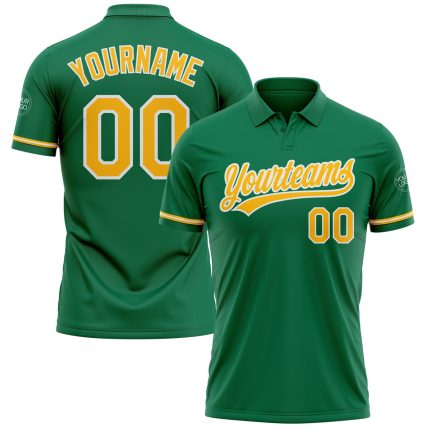 Custom Name Number Gold White Green Performance Golf Polo Shirt - Personalized Kelly Green团队服 Personalized Kelly Green Gold-White