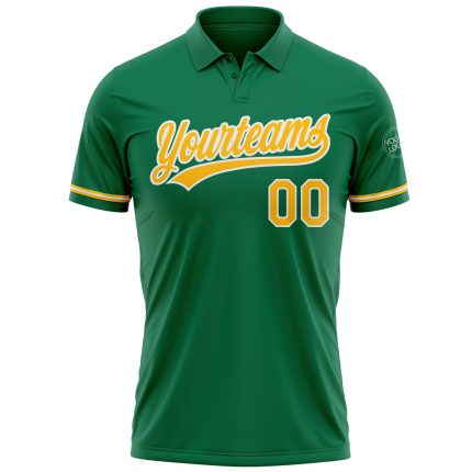Custom Name Number Gold White Green Performance Golf Polo Shirt - Personalized Kelly Green团队服 Personalized Kelly Green Gold-White