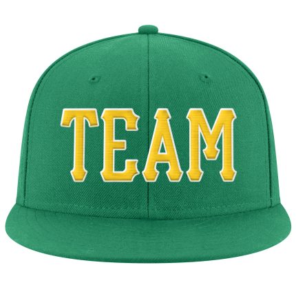 Custom Name and Number Kelly Green Adjustable Snapback Hat with Gold-White Stitching - Personalized Team Gear Personalized