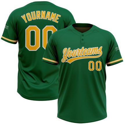 Personalized Unisex Softball Jersey in Kelly Green with Gold-White Two-Button Design Personalized Kelly Green Gold-White