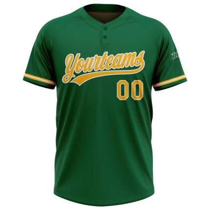 Personalized Unisex Softball Jersey in Kelly Green with Gold-White Two-Button Design Personalized Kelly Green Gold-White
