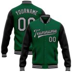 Custom Name and Number Two Tone Bomber Jacket Kelly Green Gray-Black Varsity Letterman Full-Snap for Teams Personalized Kelly