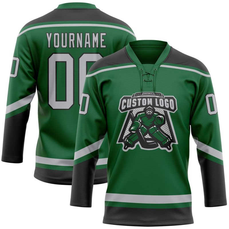 Custom Hockey Jersey with Name and Number in Kelly Green and Gray-Black Lace Neck Design Personalized Kelly Green Gray-Black