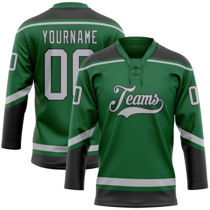 Custom Hockey Jersey with Name and Number in Kelly Green and Gray-Black Lace Neck Design Personalized Kelly Green Gray-Black