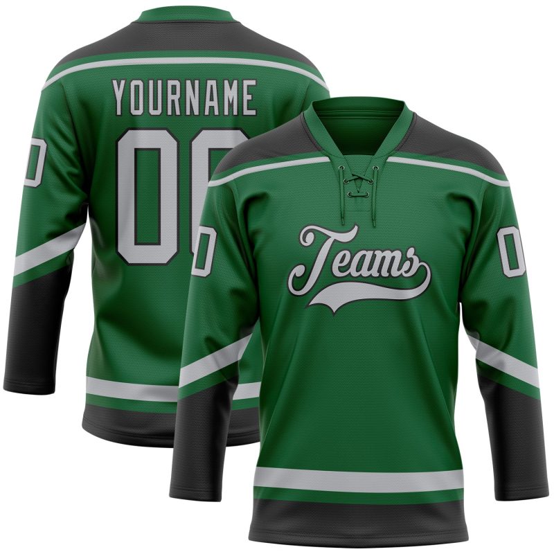 Custom Hockey Jersey with Name and Number in Kelly Green and Gray-Black Lace Neck Design Personalized Kelly Green Gray-Black
