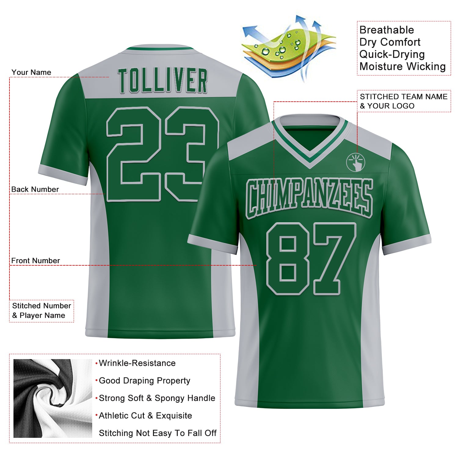 Personalized Kelly Green Gray Mesh Authentic Football Jersey Team Custom Name and Number Custom Name and Number Football Jersey in Kelly Green and Gray Mesh, Personalized Authentic Team Apparel Personalized Kelly - Image 3