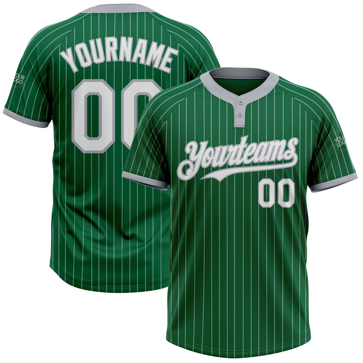 Custom Name Number Kelly Green Gray Pinstripe Unisex Softball Jersey - Personalized Two-Button Team Apparel Personalized