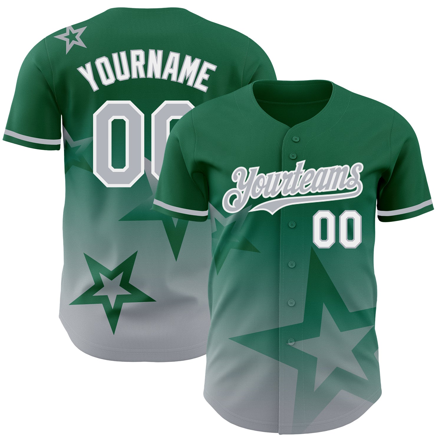 Custom Name Number Personalized Twinkle Star Baseball Jersey - 3D Gradient Kelly Green Gray-White Design Personalized Kelly