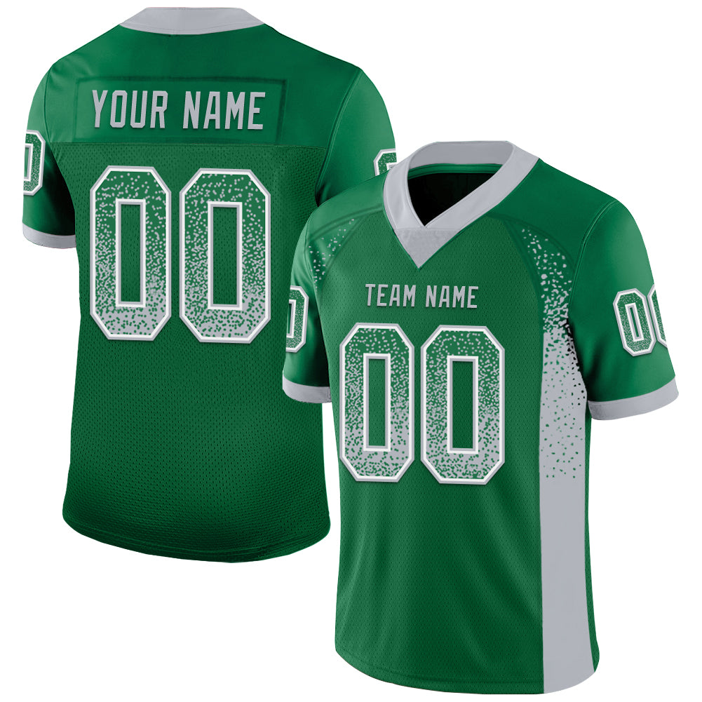 Custom Name Number Football Jersey in Kelly Green Gray-White Mesh Drift Design Personalized Kelly Green Gray-White Mesh Drift