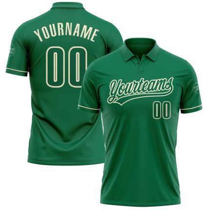 Personalized Kelly Green Golf Polo Shirt with Custom Name and Number | Cream Performance Vapor Design Personalized Kelly