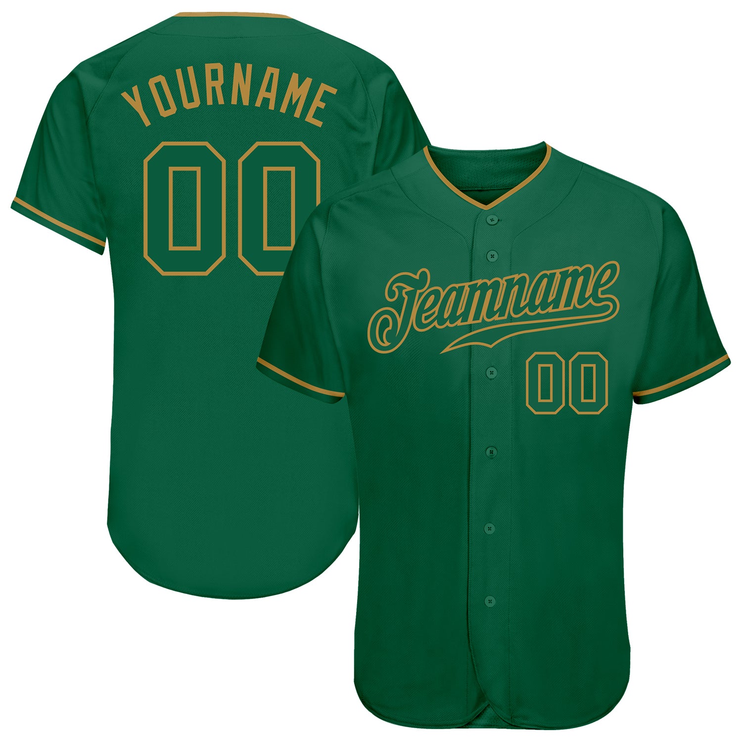 Custom Name and Number Personalized Kelly Green Baseball Jersey - Team Authentic Old Gold Design Personalized Kelly Green