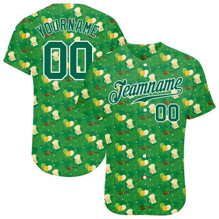 Custom St. Patricks Day Baseball Jersey with Personalized Name & Number, 3D Kelly Green-White Design, Authentic Team Apparel