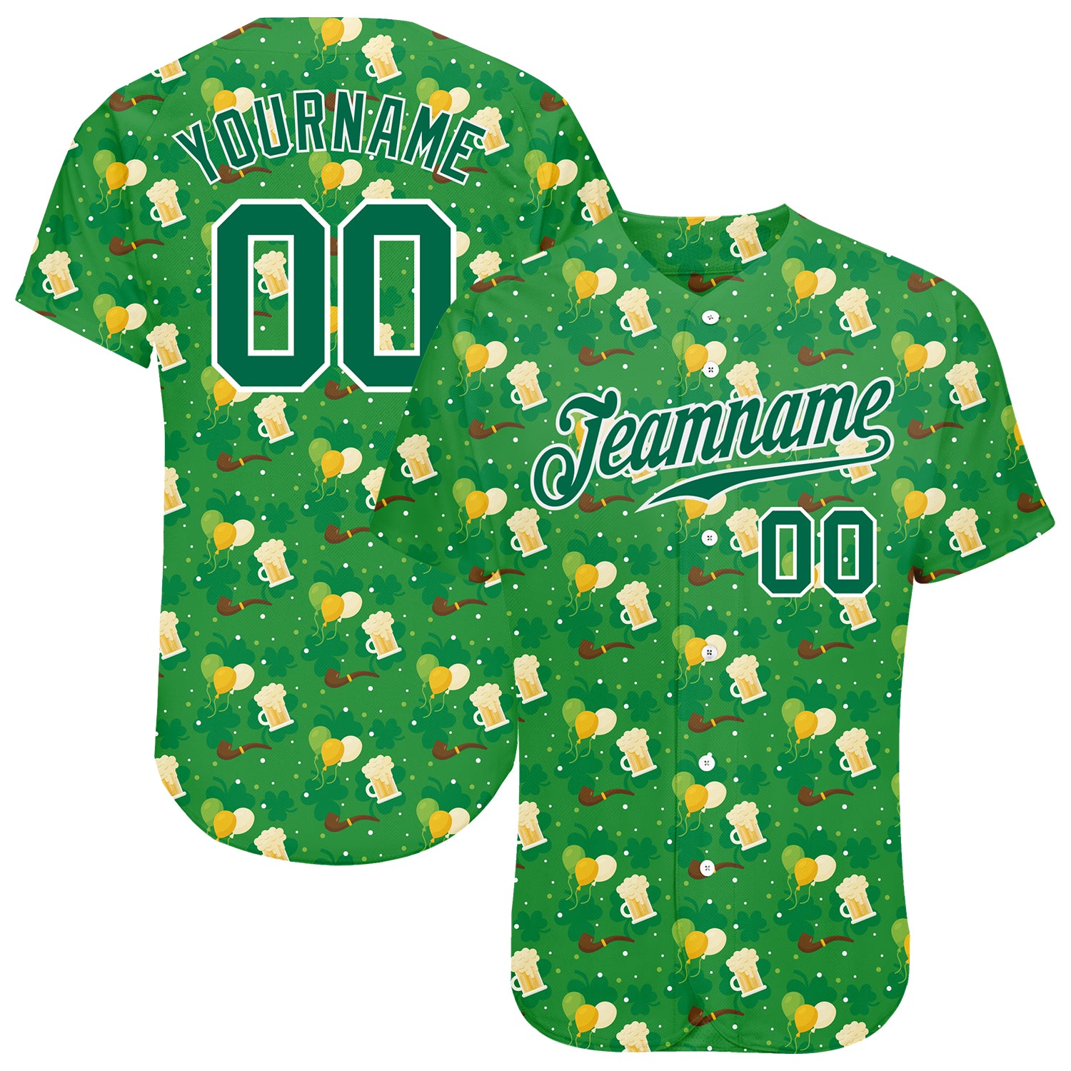 Custom St. Patricks Day Baseball Jersey with Personalized Name & Number, 3D Kelly Green-White Design, Authentic Team Apparel