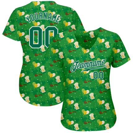 Custom St. Patricks Day Baseball Jersey with Personalized Name & Number, 3D Kelly Green-White Design, Authentic Team Apparel