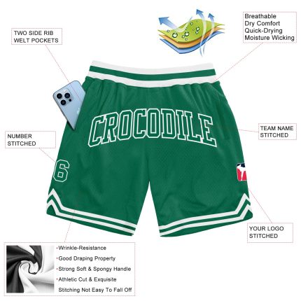 Custom Kelly Green and White Throwback Basketball Shorts with Name and Number - Personalized Team Apparel Personalized Kelly