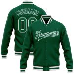 Custom Name and Number Kelly Green & White Varsity Bomber Jacket - Personalized Full-Snap Letterman Jacket Personalized Kelly