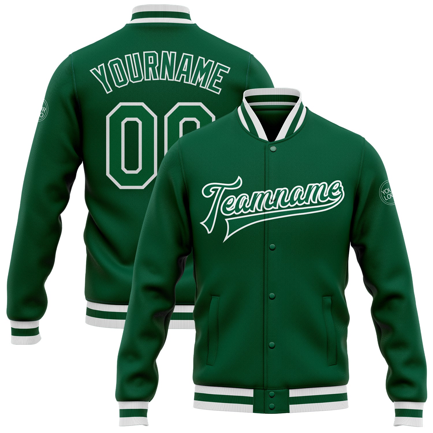 Custom Name and Number Kelly Green & White Varsity Bomber Jacket - Personalized Full-Snap Letterman Jacket Personalized Kelly