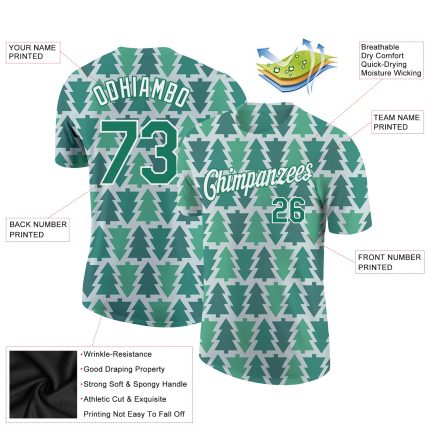 Personalized Kelly Green Christmas 3D Performance T-Shirt - Festive Green & White Design Personalized Kelly Green Kelly Green-White