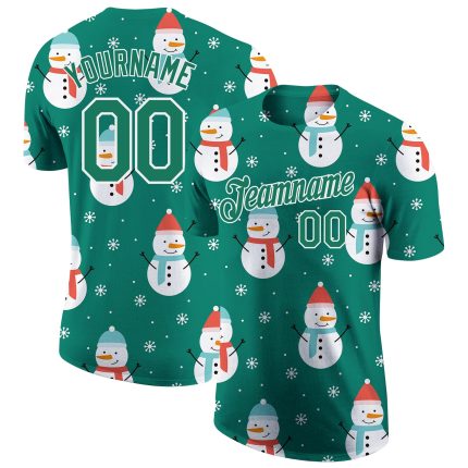 Custom 3D Performance T-Shirt with Team Name and Number - Personalized Kelly Green and White Christmas Style Personalized