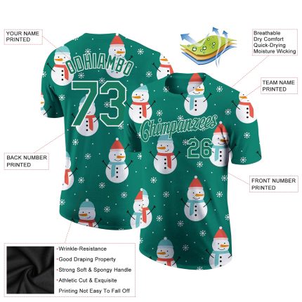 Custom 3D Performance T-Shirt with Team Name and Number - Personalized Kelly Green and White Christmas Style Personalized