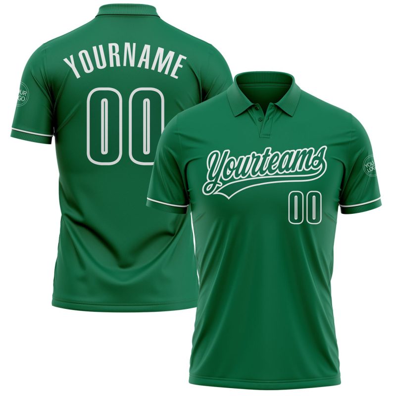 Custom Name and Number Performance Vapor Golf Polo Shirt - Kelly Green and White Personalized Kelly Green Kelly Green-White