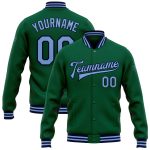 Custom Name and Number Varsity Letterman Jacket - Kelly Green Light Blue Navy Bomber Full-Snap Jacket Personalized Kelly