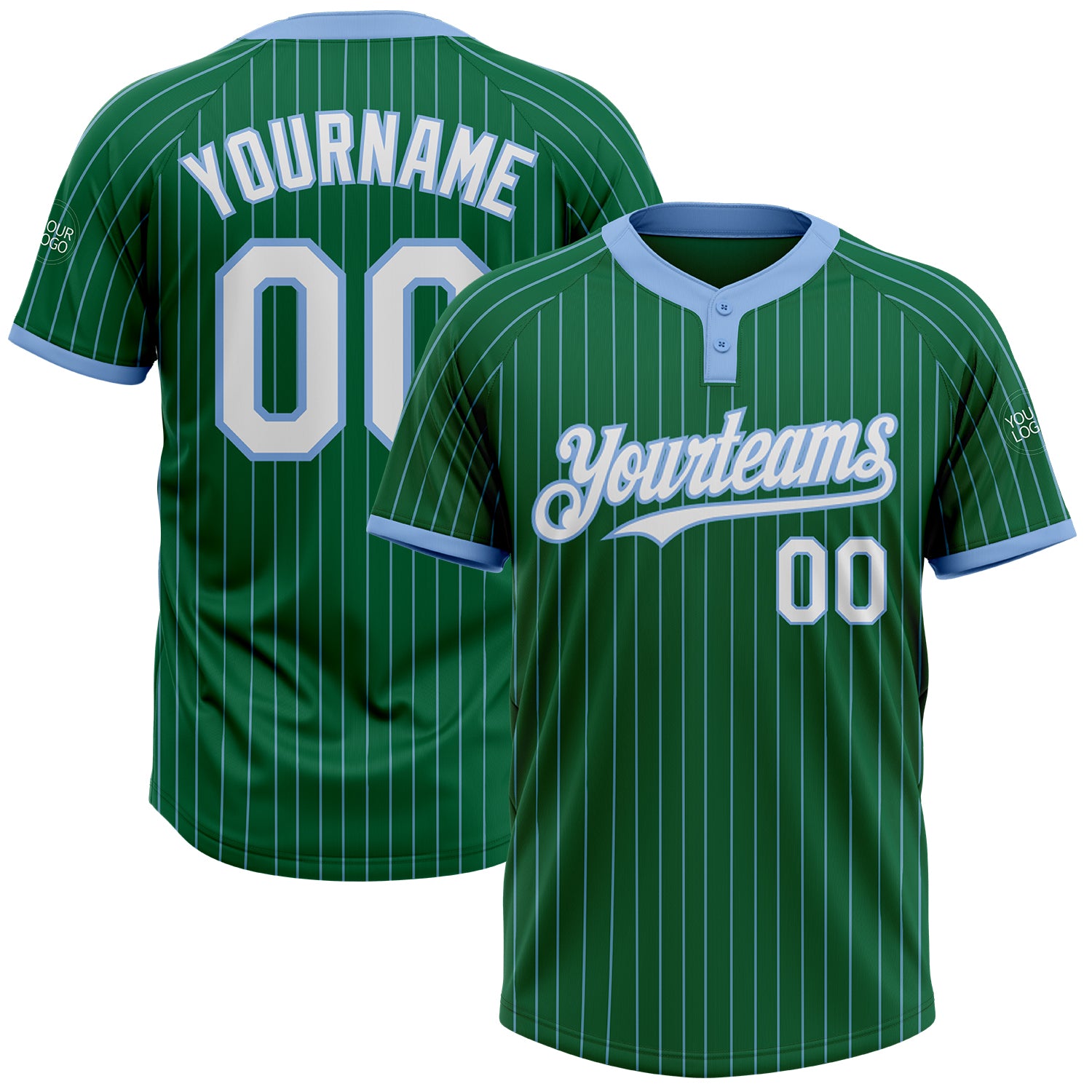 Custom Name and Number Softball Jersey - Unisex Two-Button Kelly Green Light Blue Pinstripe Personalized Apparel Personalized