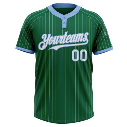 Custom Name and Number Softball Jersey - Unisex Two-Button Kelly Green Light Blue Pinstripe Personalized Apparel Personalized