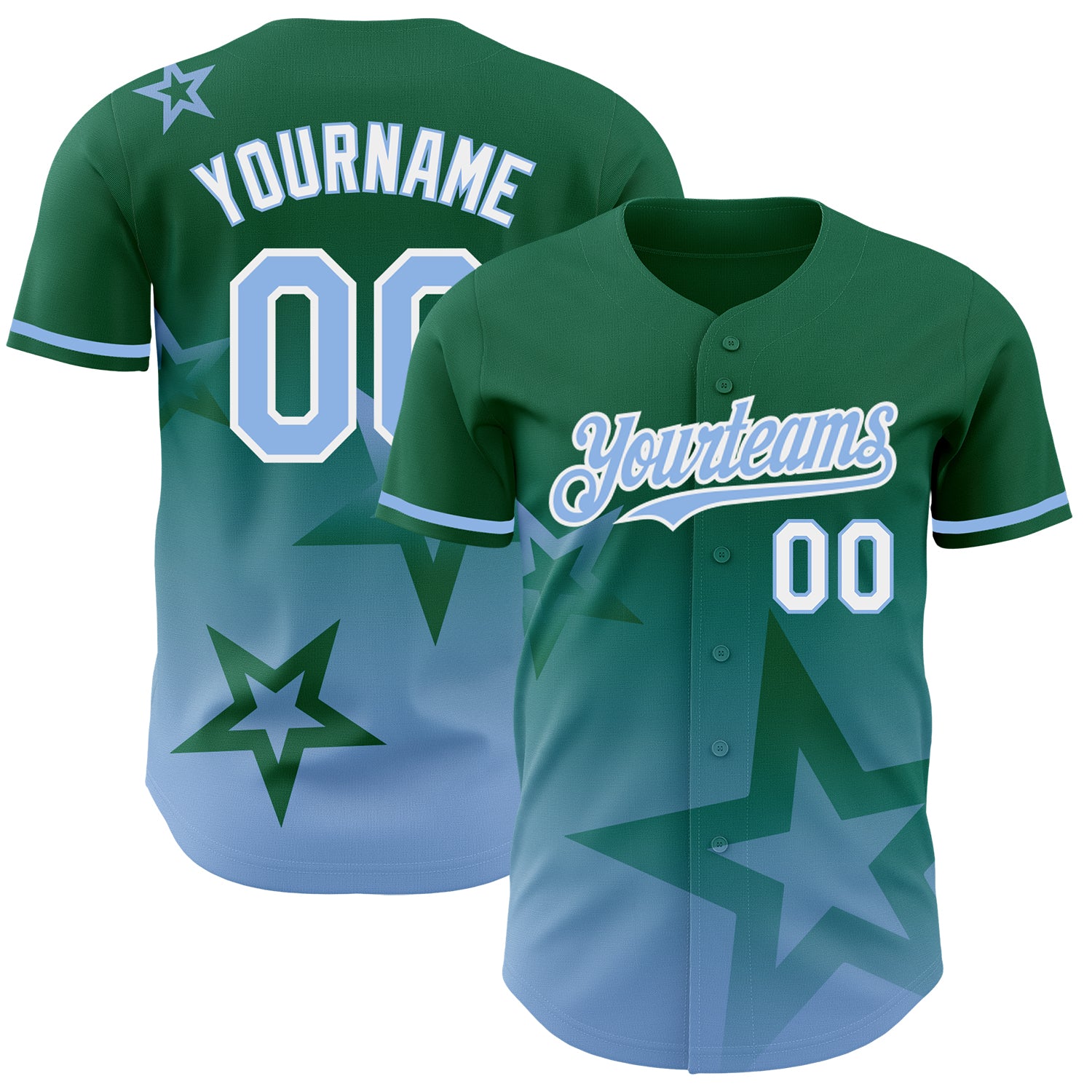 Custom Name and Number Kelly Green Light Blue 3D Twinkle Star Gradient Baseball Jersey Personalized Kelly Green Light Blue-White