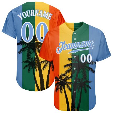 Custom Name & Number Hawaii Coconut Trees Baseball Jersey - 3D Pattern, Light Blue & Kelly Green Design Personalized Kelly