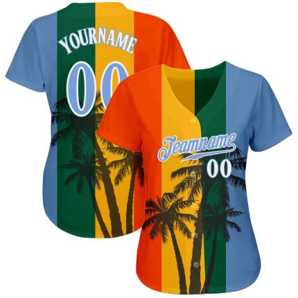 Custom Name & Number Hawaii Coconut Trees Baseball Jersey - 3D Pattern, Light Blue & Kelly Green Design Personalized Kelly