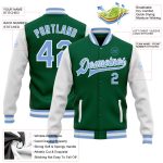 Personalized Two Tone Bomber Jacket in Kelly Green, Light Blue & White - Full-Snap Varsity Letterman Style Personalized Kelly