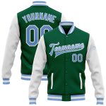 Personalized Two Tone Bomber Jacket in Kelly Green, Light Blue & White - Full-Snap Varsity Letterman Style Personalized Kelly