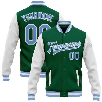 Personalized Two Tone Bomber Jacket in Kelly Green, Light Blue & White - Full-Snap Varsity Letterman Style Personalized Kelly