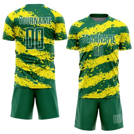 Custom Name and Number Soccer Uniform Jersey - Personalized Kelly Green with Light Yellow-White Splash Personalized Kelly