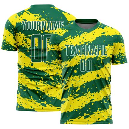 Custom Name and Number Soccer Uniform Jersey - Personalized Kelly Green with Light Yellow-White Splash Personalized Kelly