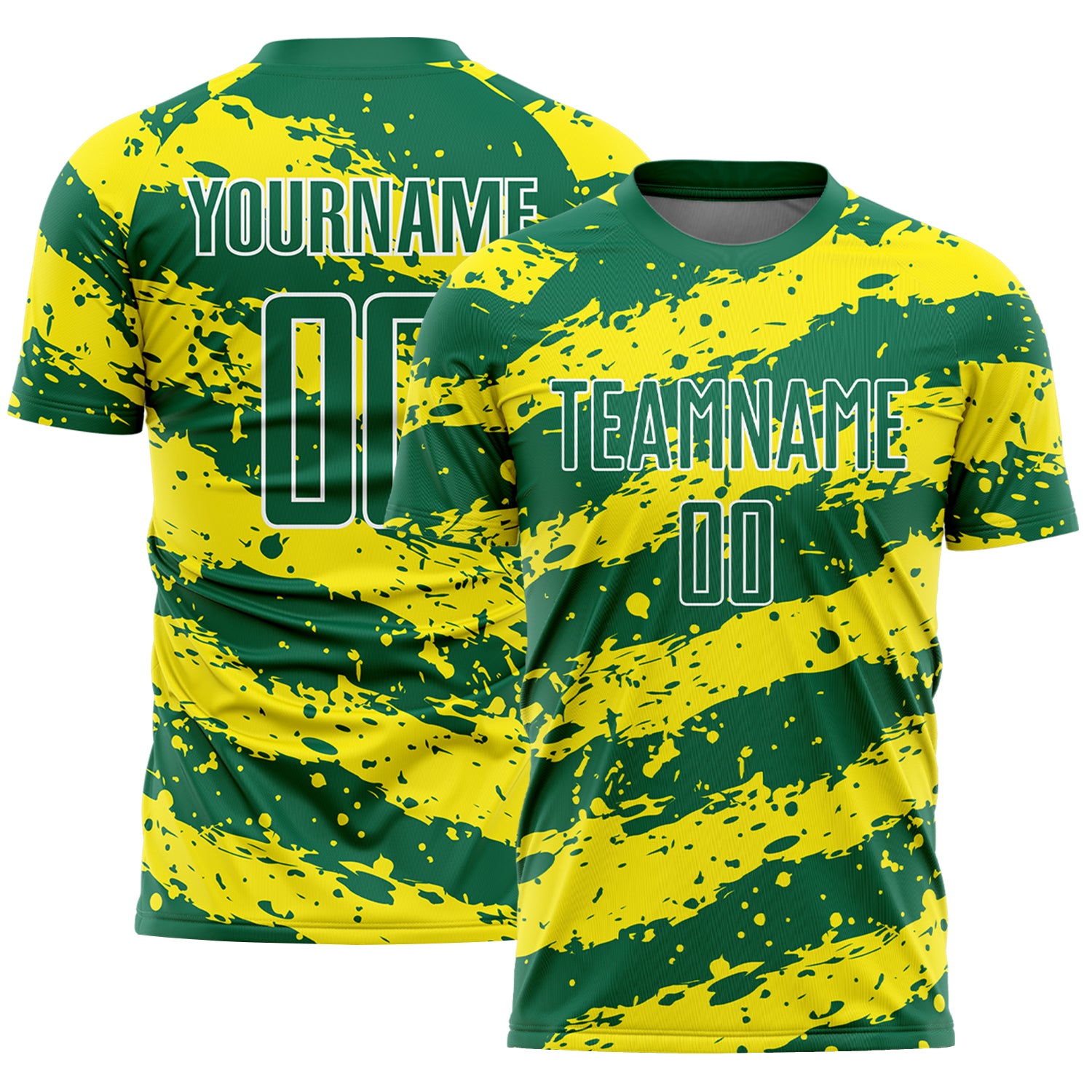 Custom Name and Number Soccer Uniform Jersey - Personalized Kelly Green with Light Yellow-White Splash Personalized Kelly