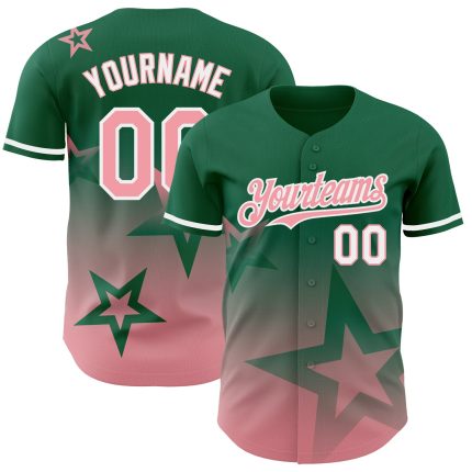 Custom Name and Number Authentic Baseball Jersey - Medium Kelly Green with Pink-White Gradient Twinkle Star Design Personalized