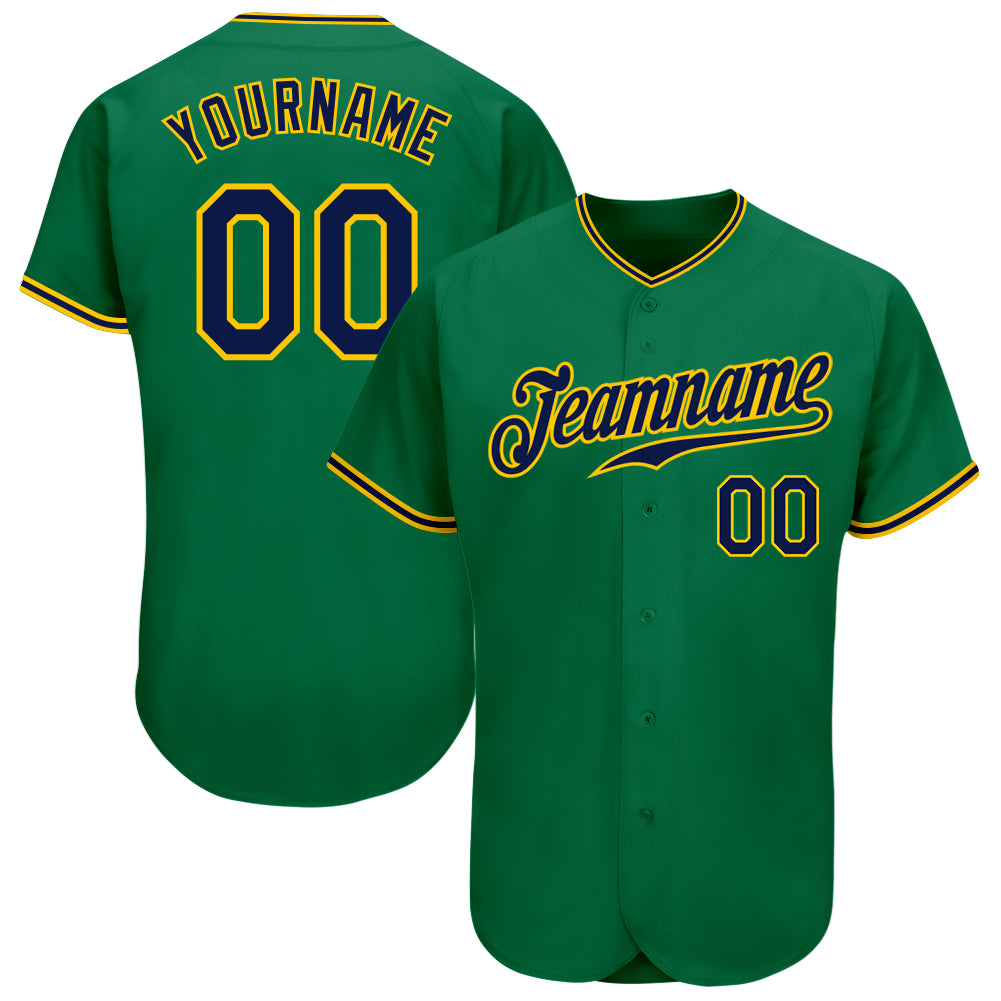 Personalized Authentic Baseball Jersey in Kelly Green with Navy-Gold Trim Personalized Kelly Green Navy-Gold Authentic Baseball