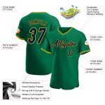Custom Name and Number Baseball Jersey in Kelly Green with Navy-Gold Theme - Authentic Team Apparel Personalized Kelly Green