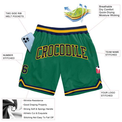 Custom Team Name Number Basketball Shorts - Kelly Green Navy Gold Authentic Throwback Design Personalized Kelly Green Navy-Gold