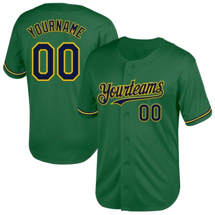 Custom Name & Number Kelly Green Navy-Yellow Mesh Authentic Throwback Baseball Jersey - Personalized Team Gear Personalized