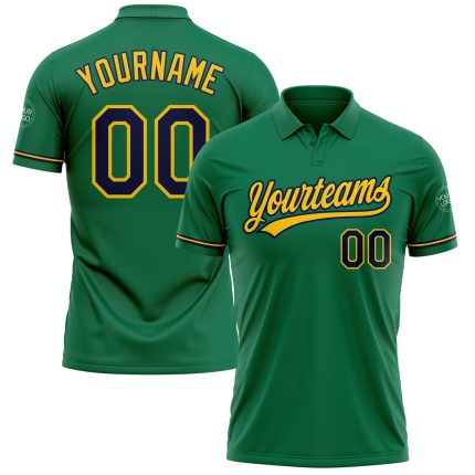 Custom Team Name Number Performance Vapor Golf Polo Shirt Kelly Green Navy Yellow Personalized Kelly Green Navy-Yellow Performance