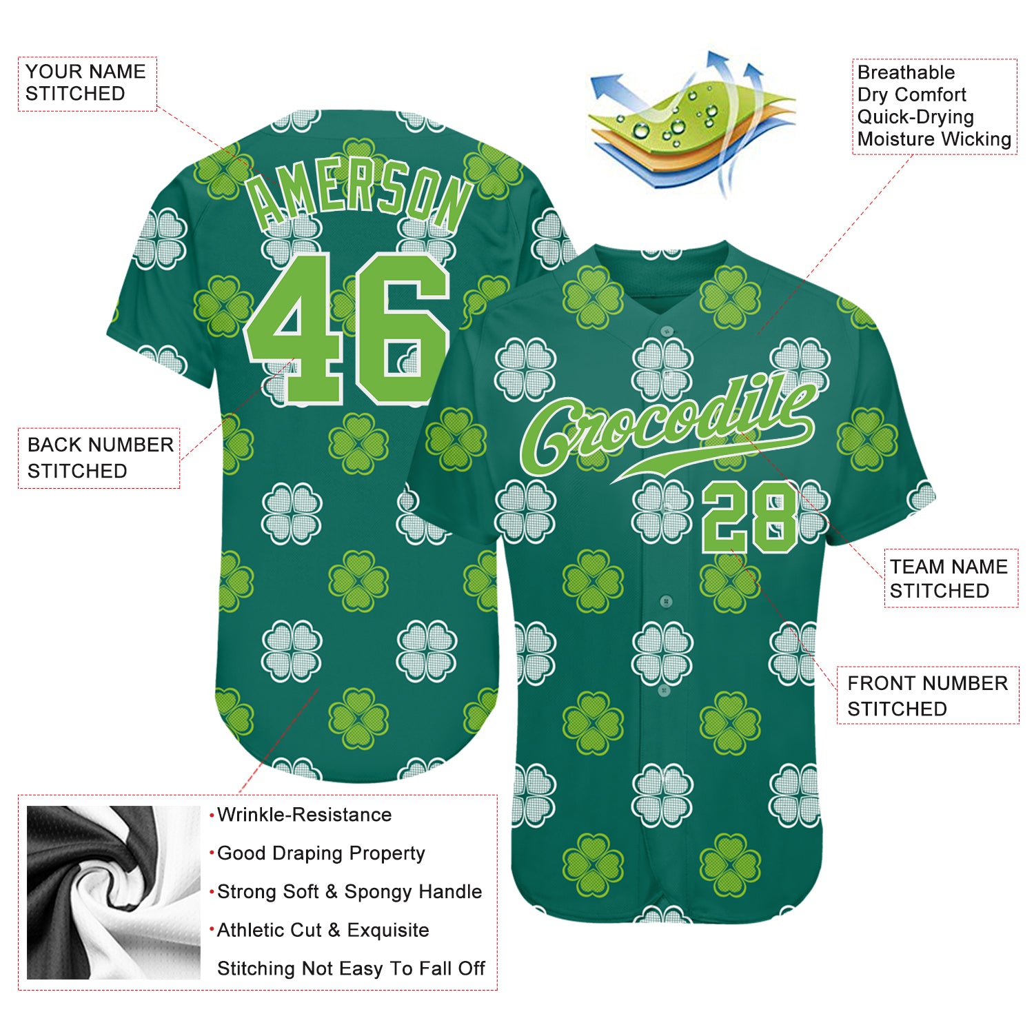 Personalized Kelly Green Neon Green-White 3D Pattern Design Authentic St. Patrick's Day Baseball Jersey Personalized St. Patricks Day Baseball Jersey - Kelly Green Neon Green White 3D Pattern Design Personalized Kelly Green Neon - Image 3