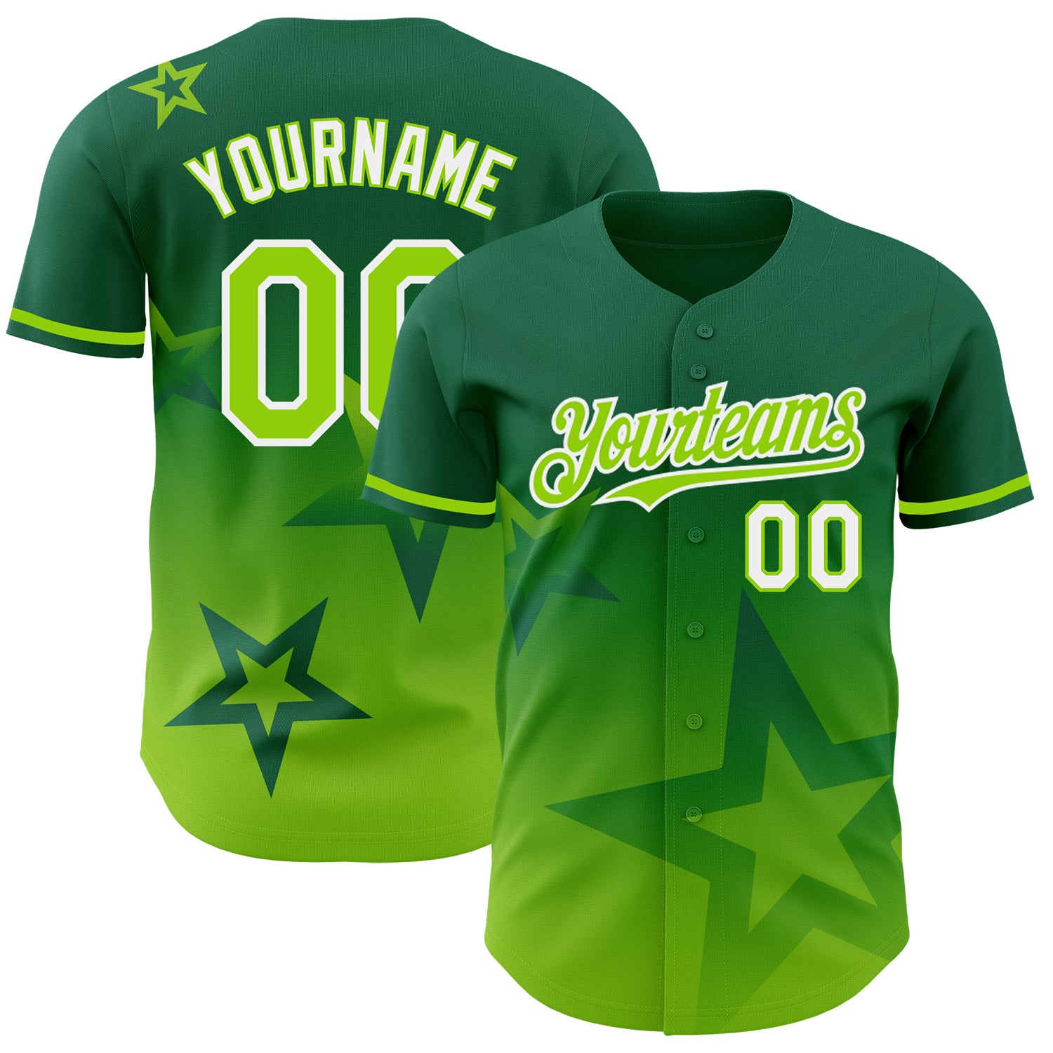 Personalized Gradient 3D Pattern Twinkle Star Baseball Jersey in Kelly Green and White with Custom Name and Number Personalized