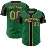 Custom Personalized Baseball Jersey - Kelly Green, Old Gold & Black, Team Name & Number, Authentic 3-Color Arm Shapes Personalized