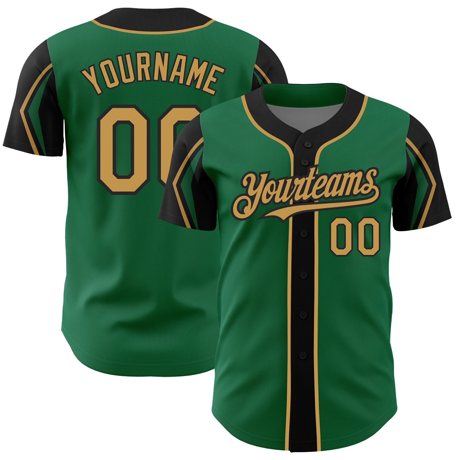 Custom Personalized Baseball Jersey - Kelly Green, Old Gold & Black, Team Name & Number, Authentic 3-Color Arm Shapes Personalized