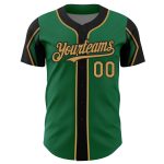 Custom Personalized Baseball Jersey - Kelly Green, Old Gold & Black, Team Name & Number, Authentic 3-Color Arm Shapes Personalized