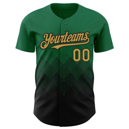 Custom Name and Number Personalized Baseball Jersey with 3D Pattern Design in Kelly Green Old Gold-Black Square Shapes Personalized